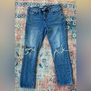 Slim-straight mid-rise boyfriend jeans, distressed